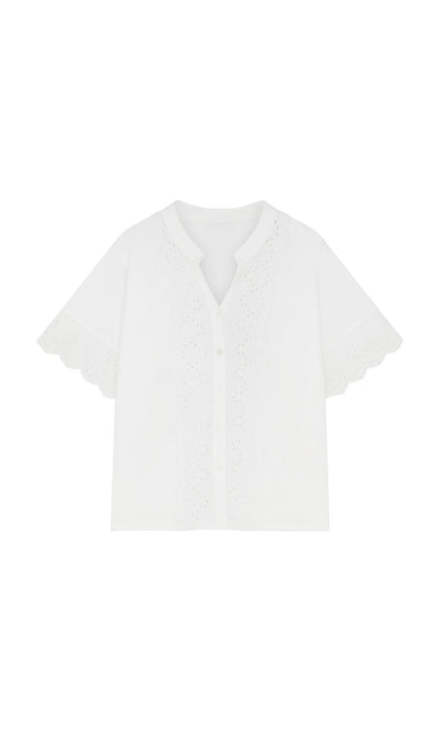 Plümo- Hurlingham Blouse: White short-sleeve top with eyelet embroidery, button front, and scalloped lace trim.
