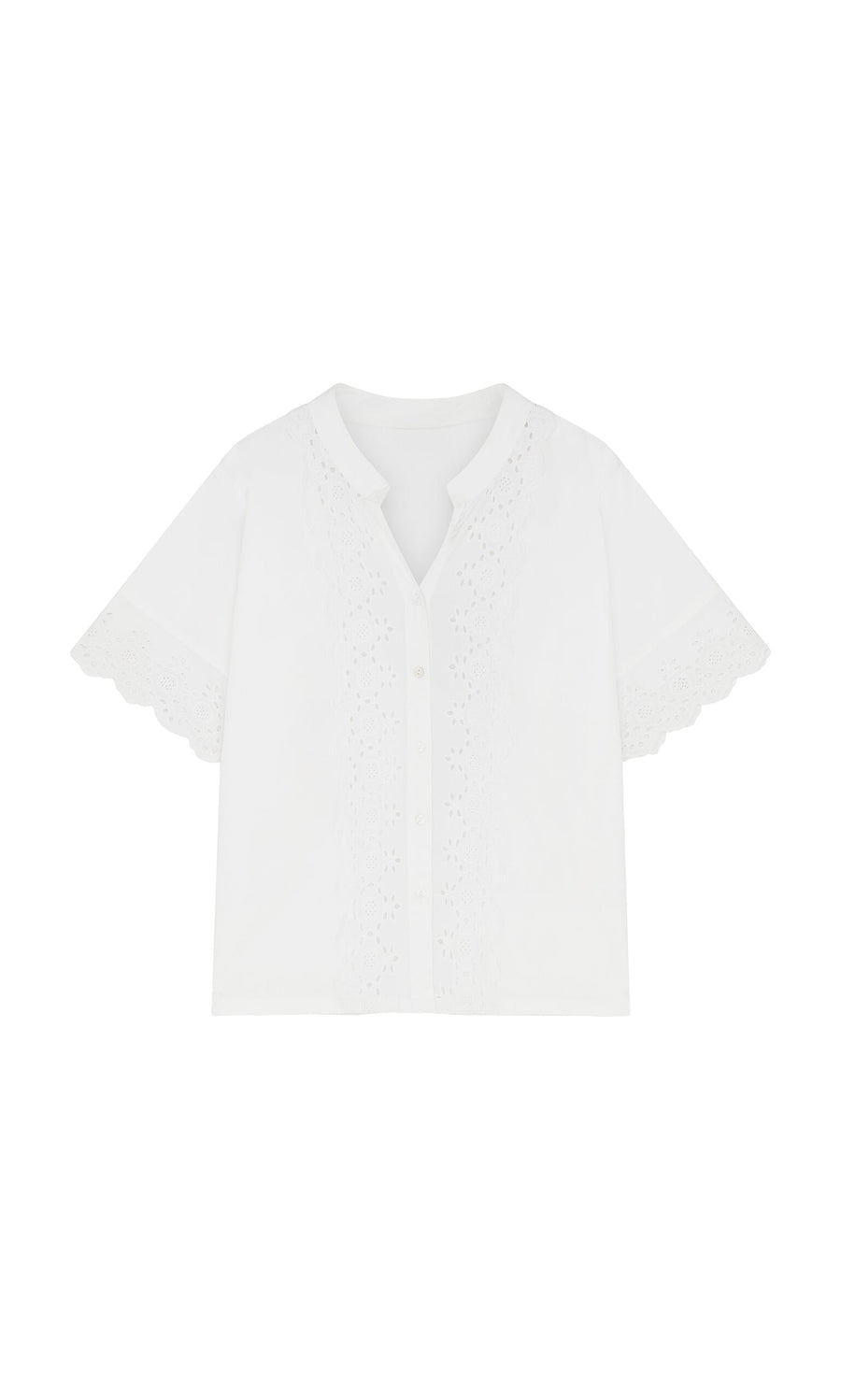 Plümo- Hurlingham Blouse: White short-sleeve top with eyelet embroidery, button front, and scalloped lace trim.