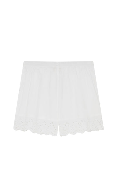 Plümo- Hurlingham Shorts: white cotton broderie anglaise with scalloped lace trim and relaxed fit on a plain white background.