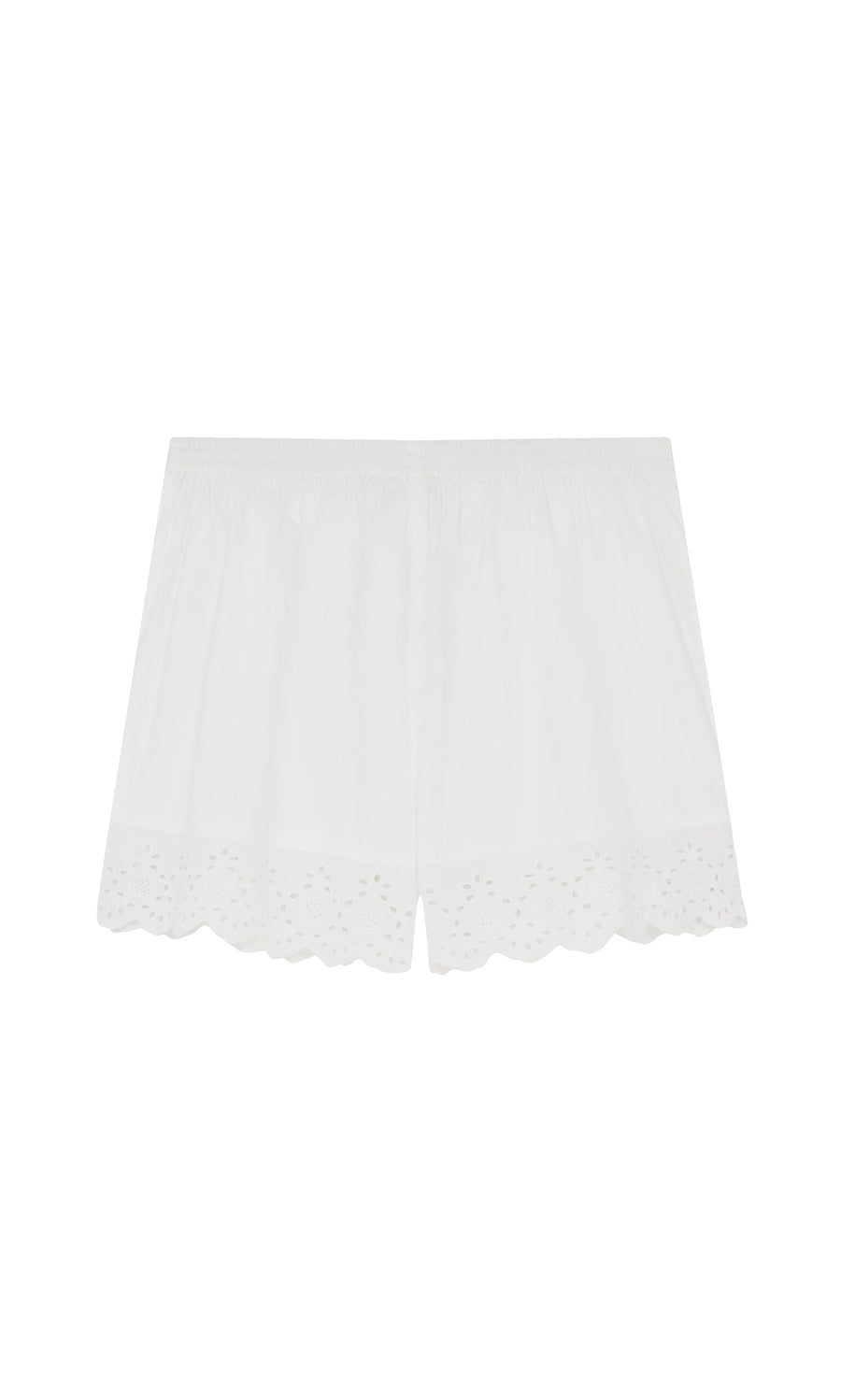 Plümo- Hurlingham Shorts: white cotton broderie anglaise with scalloped lace trim and relaxed fit on a plain white background.