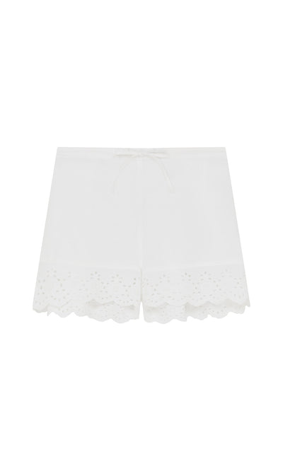 Plümo- The Hurlingham Shorts are white cotton broderie anglaise with a relaxed fit, drawstring waist, and scalloped lace hem.
