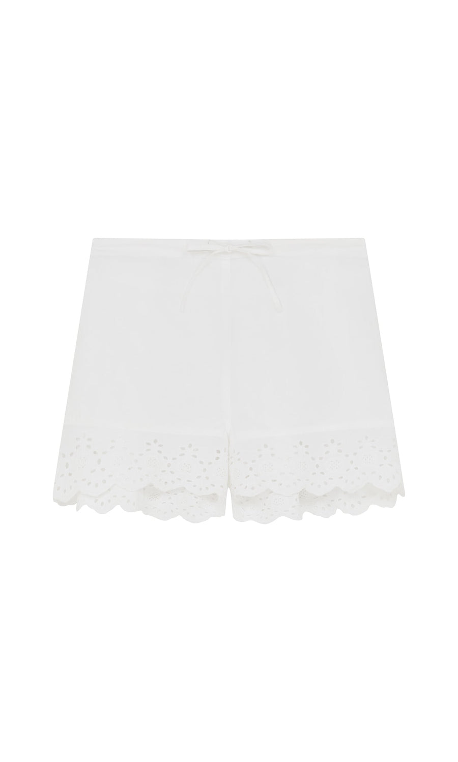 Plümo- The Hurlingham Shorts are white cotton broderie anglaise with a relaxed fit, drawstring waist, and scalloped lace hem.