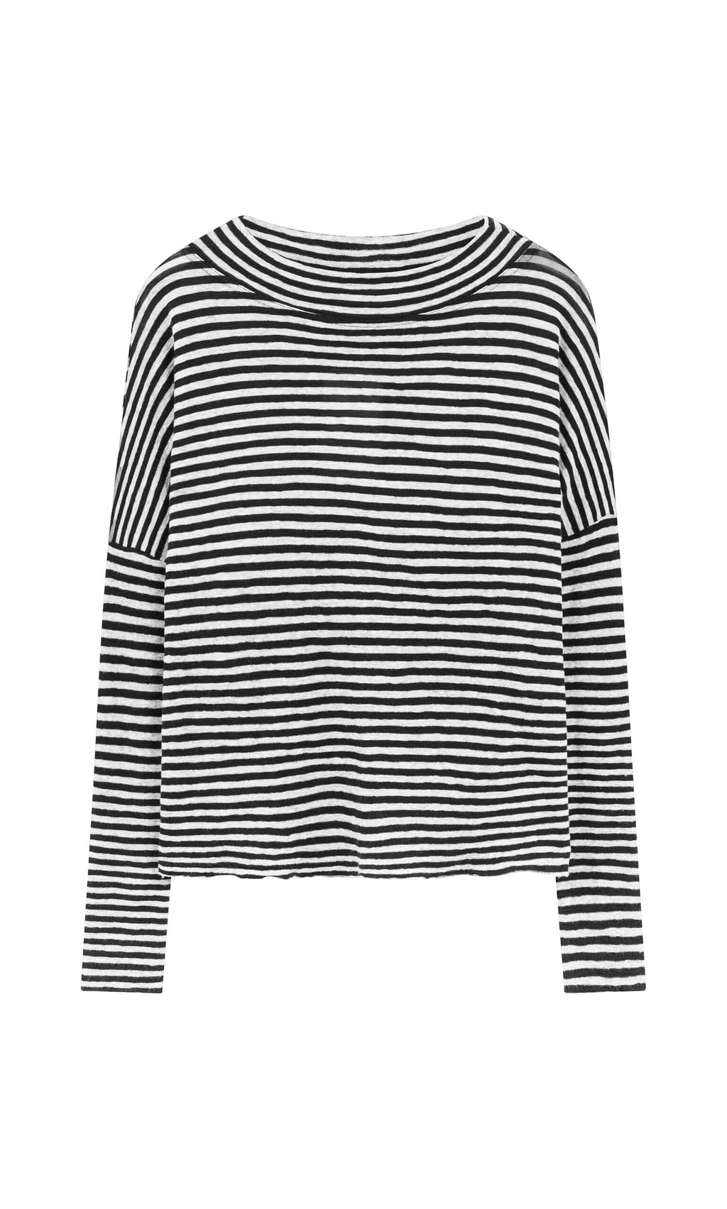 Plümo- The Ida Mockneck - Black  White is a Danish-inspired, long-sleeve, striped top with a wide neckline.