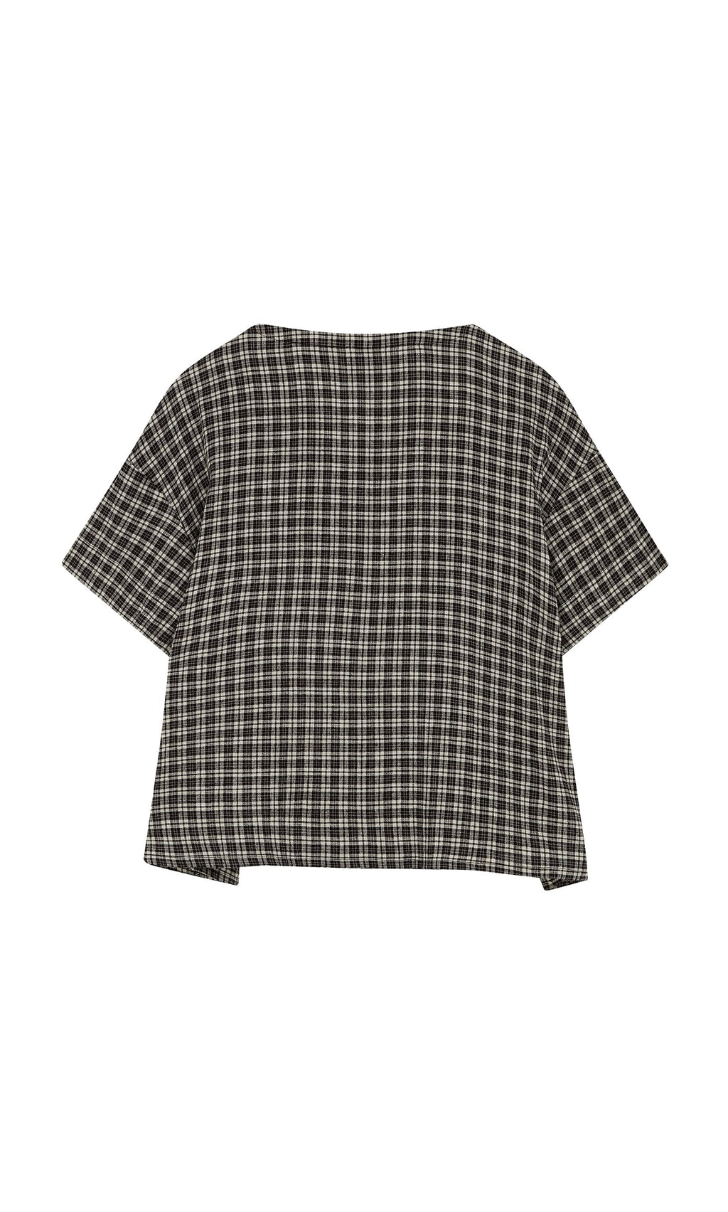 Plümo- The Ida Tie Blouse - Plaid is a short-sleeve, black and white boxy A-line top shown flat on a white background.