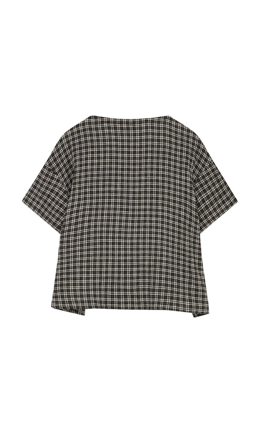 Plümo- The Ida Tie Blouse - Plaid is a short-sleeve, black and white boxy A-line top shown flat on a white background.