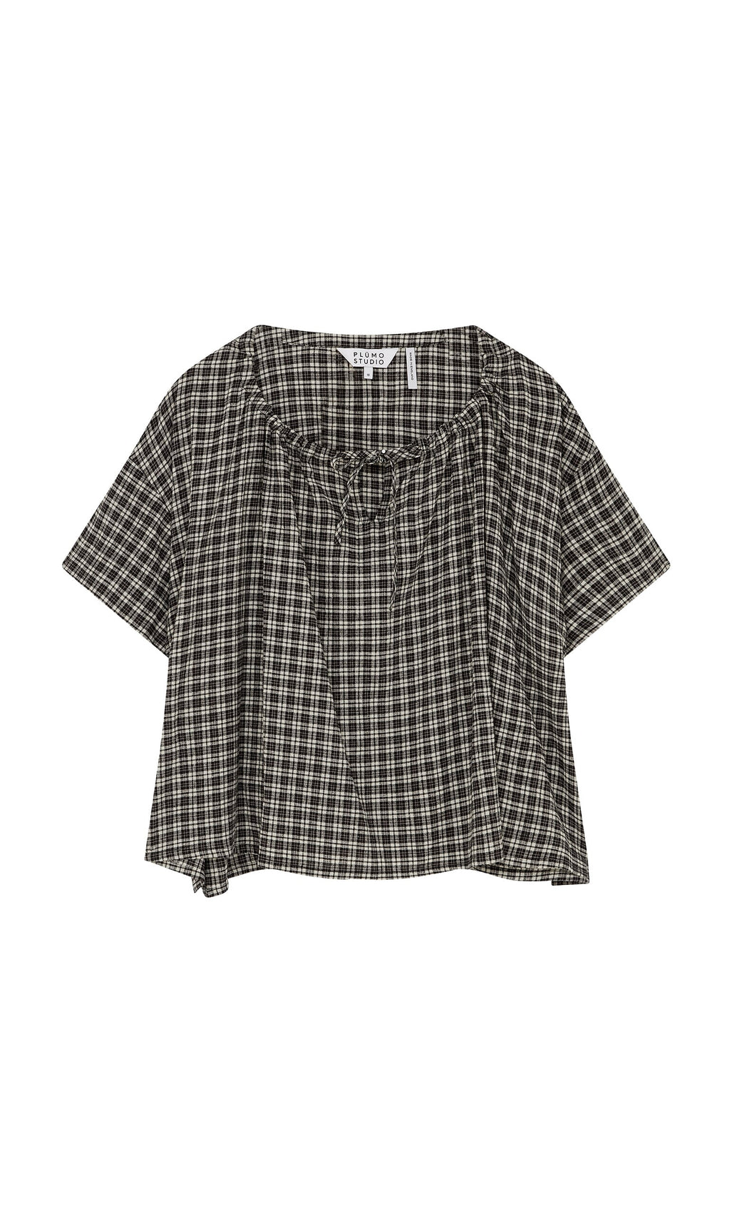 Plümo- Ida Tie Blouse - Plaid: Short-sleeve, loose-fit A-line top with ruffled scoop neck and tie detail.