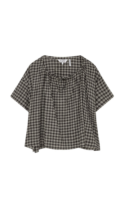 Plümo- Ida Tie Blouse - Plaid: Short-sleeve, loose-fit A-line top with ruffled scoop neck and tie detail.