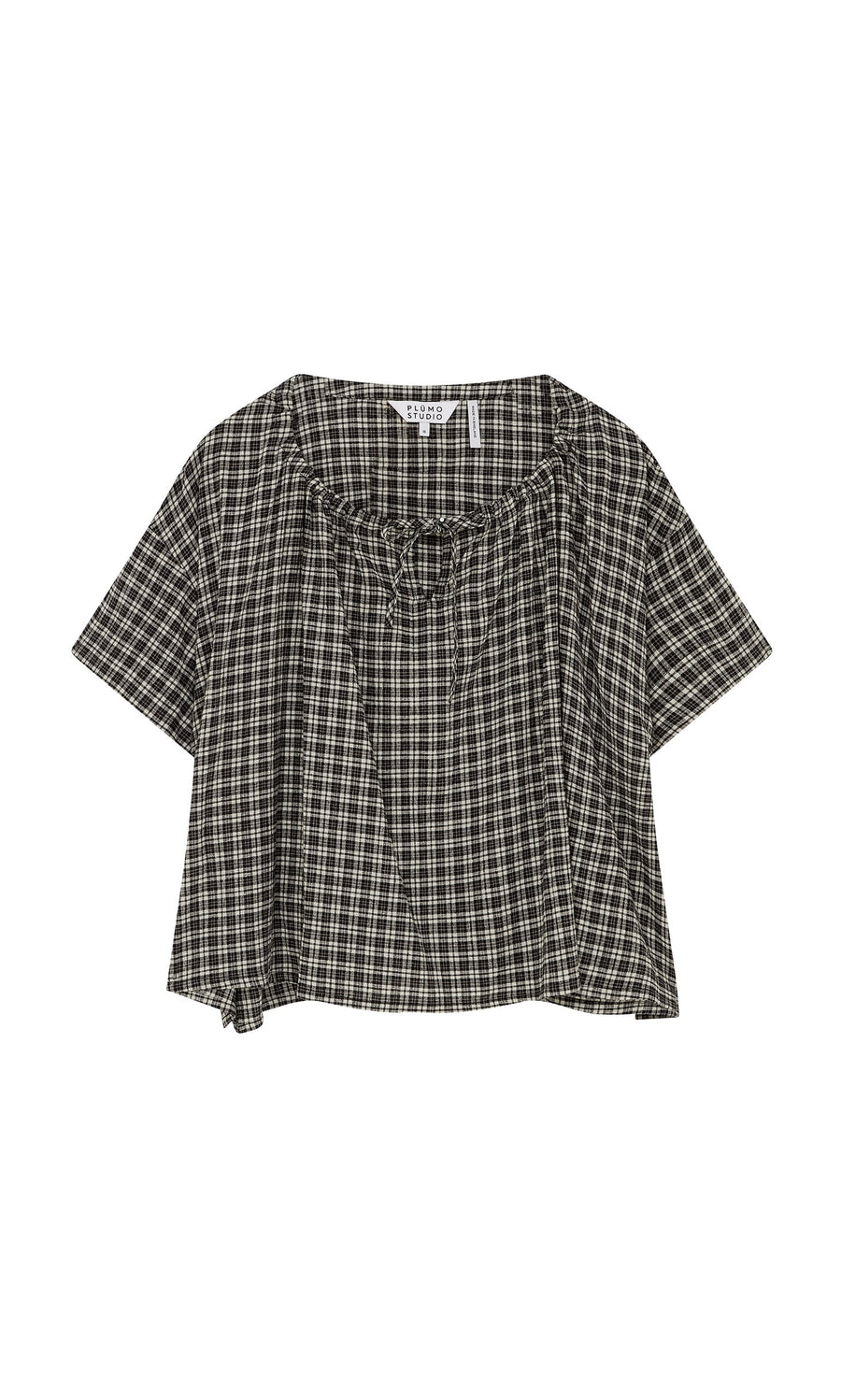 Plümo- Ida Tie Blouse - Plaid: Short-sleeve, loose-fit A-line top with ruffled scoop neck and tie detail.