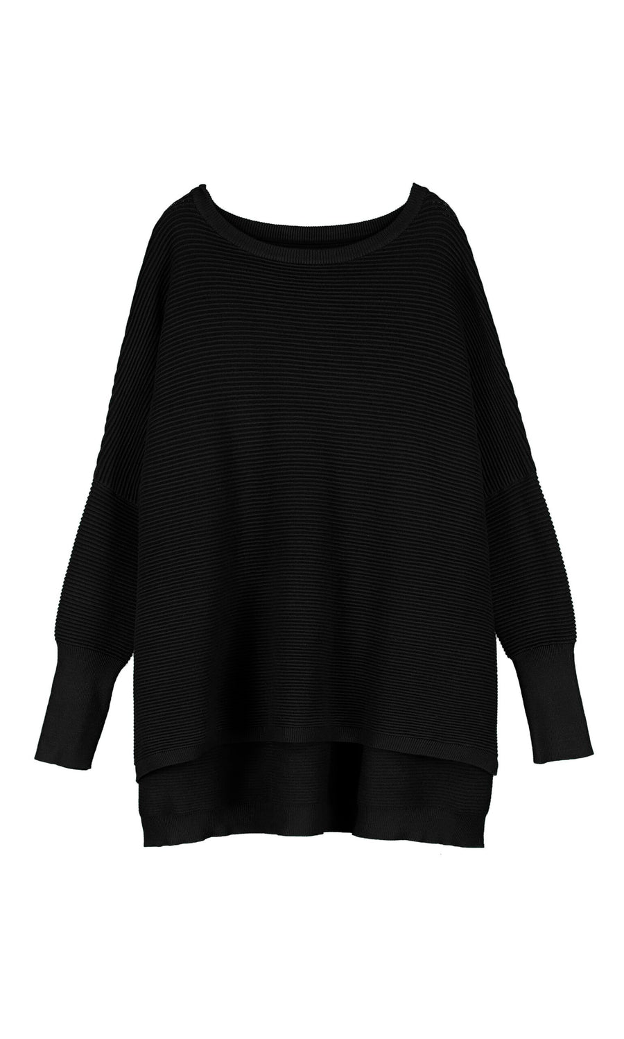 Plümo- Jack Sweater - Black: Long-sleeve, ribbed knit, oversized fit with dropped shoulders and longer back hem.