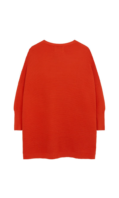 Plümo- Back view of the Jack Sweater - Lava, a relaxed ribbed knit with long sleeves and dropped shoulders.