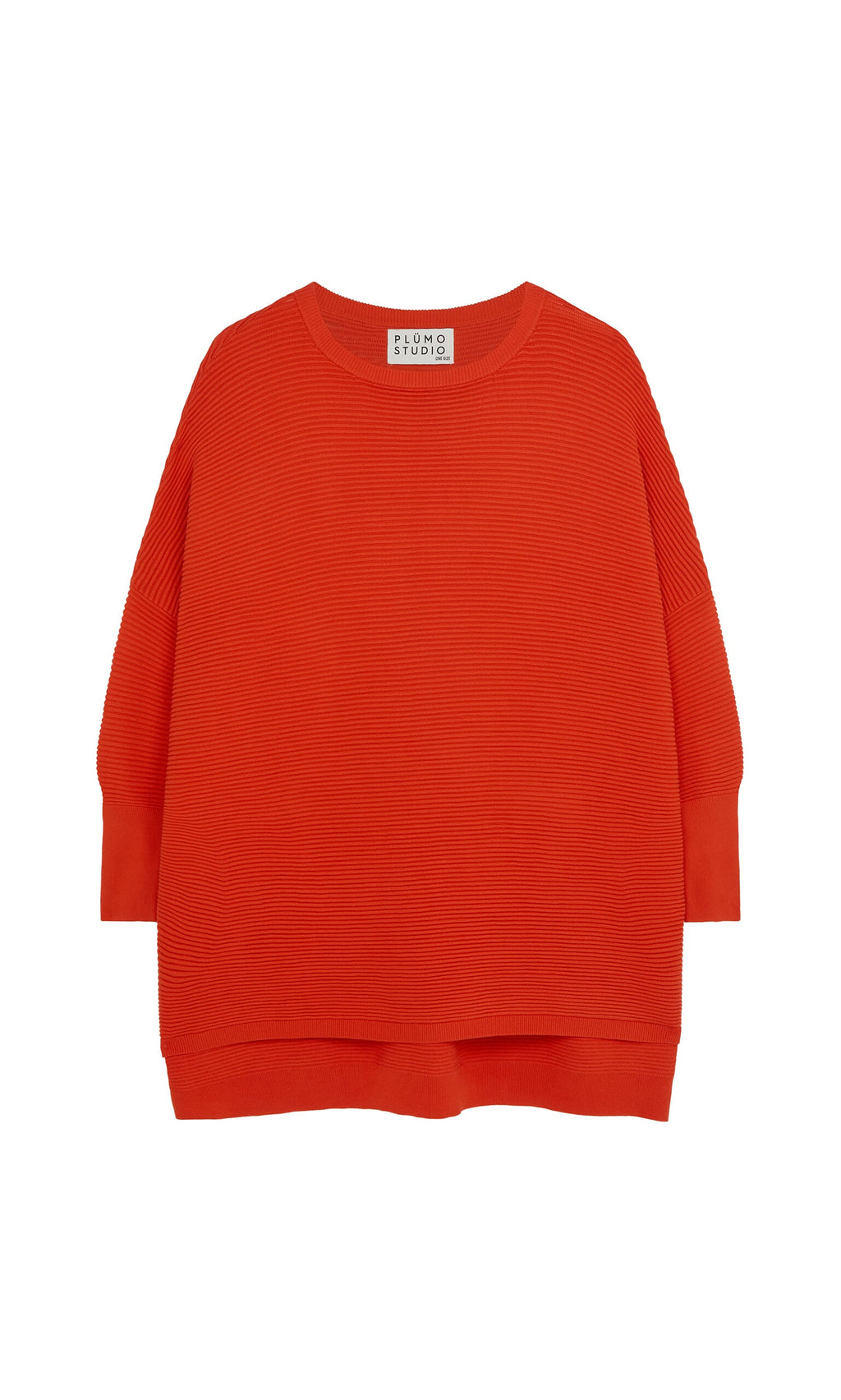 Plümo- Jack Sweater - Lava: bright orange, relaxed fit with ribbed texture and dropped shoulders on a plain white background.