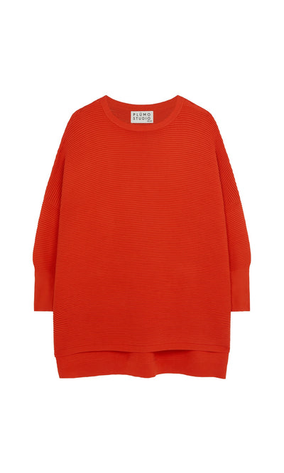 Plümo- Jack Sweater - Lava: bright orange, relaxed fit with ribbed texture and dropped shoulders on a plain white background.
