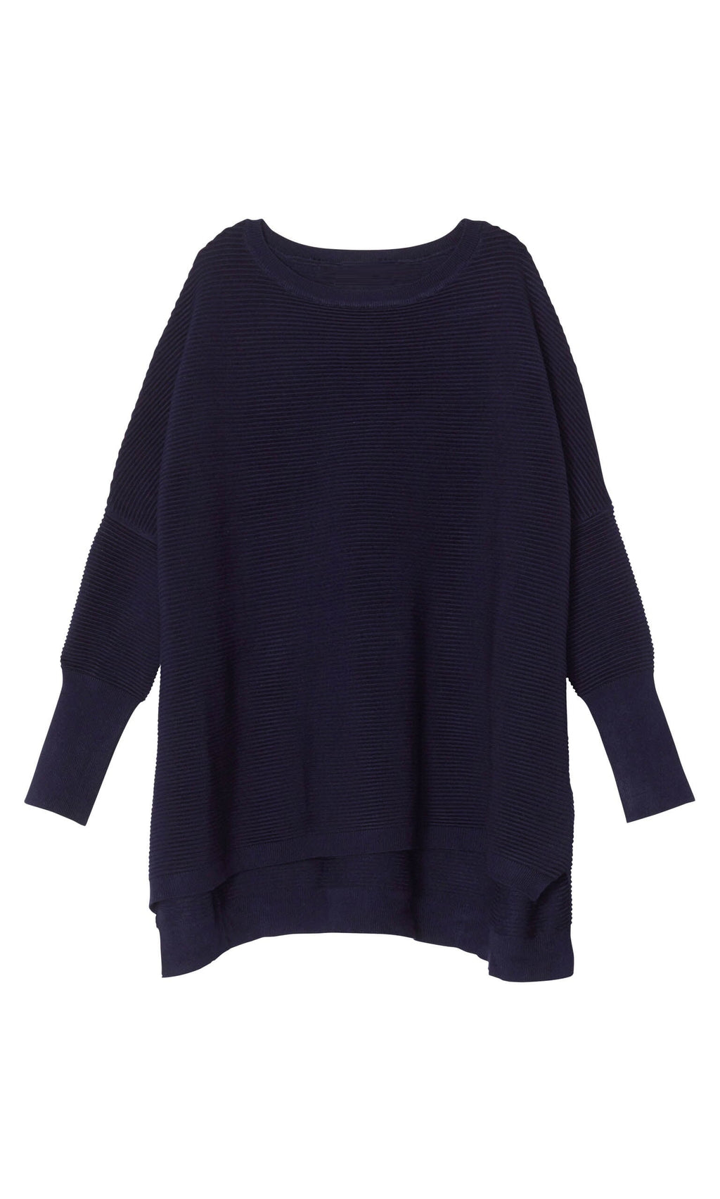 Plümo- Jack Sweater - Navy: long-sleeve, oversized, super soft knit with ribbed sleeves and hem, shown flat on white.