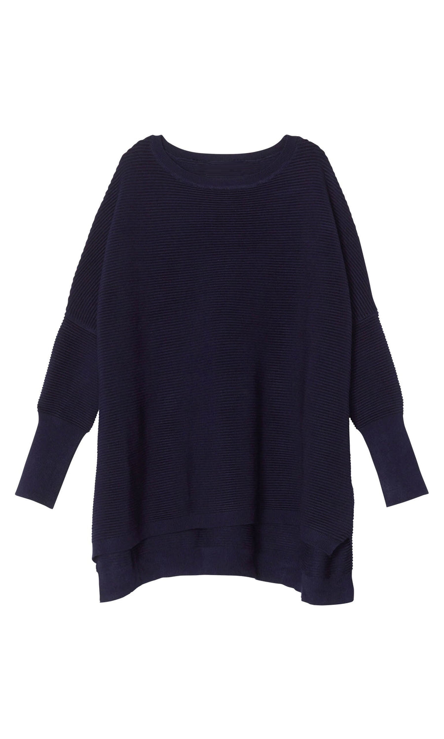 Plümo- Jack Sweater - Navy: long-sleeve, oversized, super soft knit with ribbed sleeves and hem, shown flat on white.