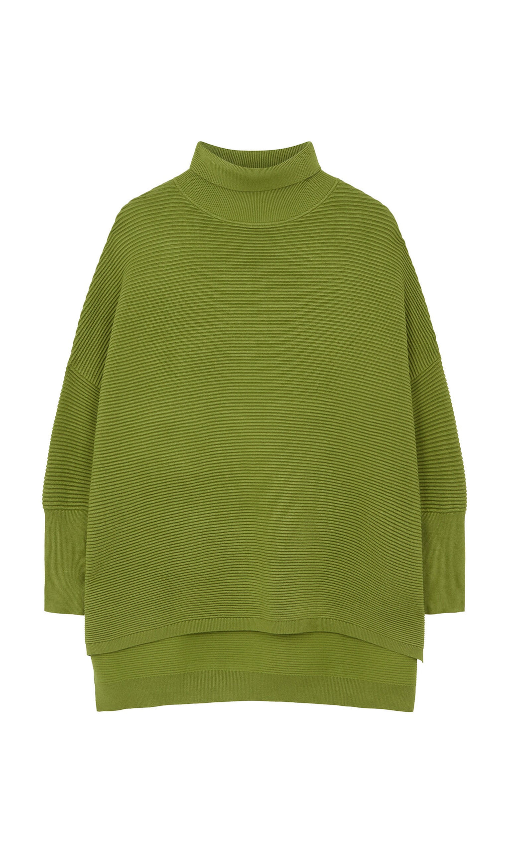 Plümo- Apple green, long-sleeved oversized Jack Rollneck jumper with high neckline and super soft yarn on white background.