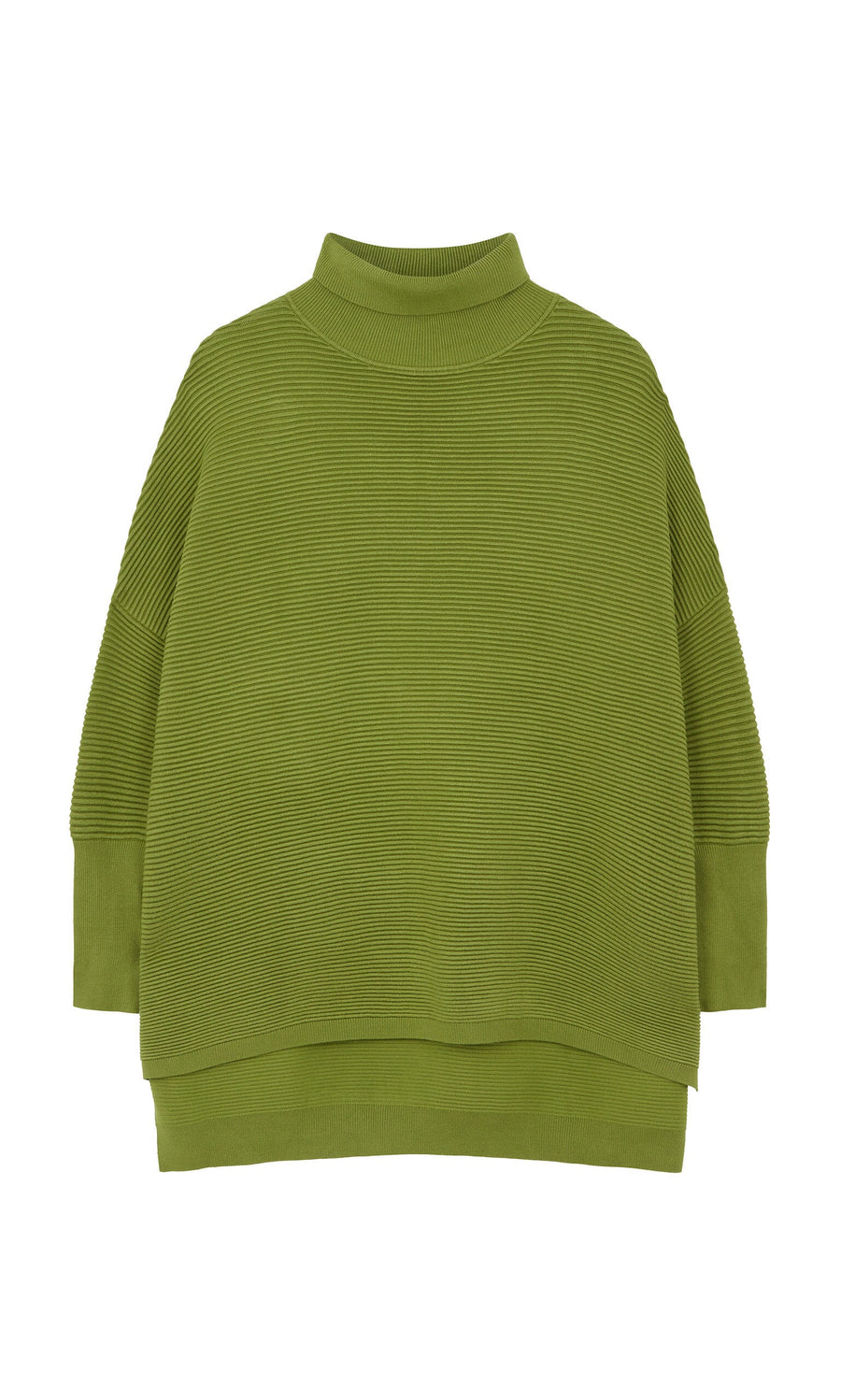 Plümo- Apple green, long-sleeved oversized Jack Rollneck jumper with high neckline and super soft yarn on white background.