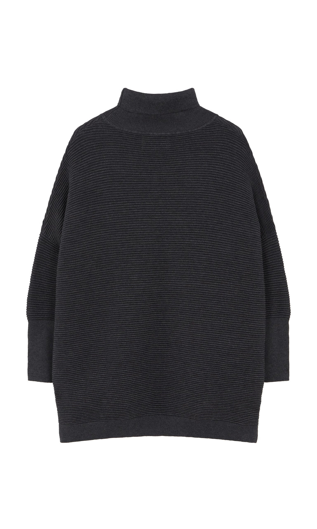 Plümo- Jack Rollneck - Graphite: Dark gray, long-sleeve ribbed sweater in super soft yarn, shown flat from the back.