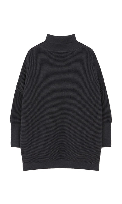 Plümo- Jack Rollneck - Graphite: Dark gray, long-sleeve ribbed sweater in super soft yarn, shown flat from the back.