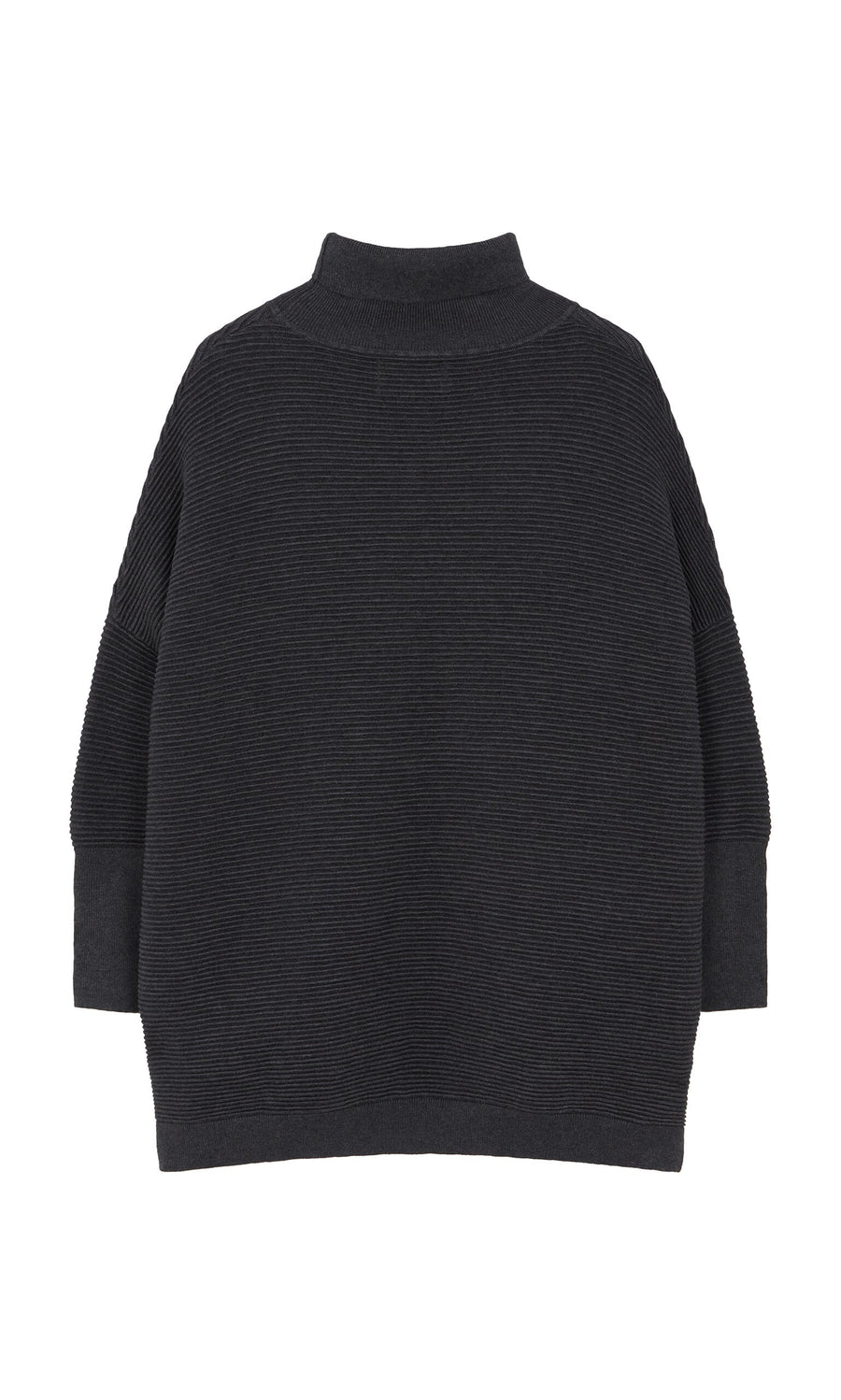 Plümo- Jack Rollneck - Graphite: Dark gray, long-sleeve ribbed sweater in super soft yarn, shown flat from the back.