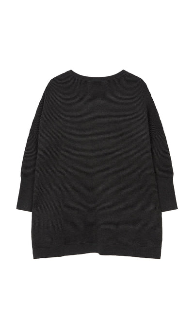 Plümo- Jack Sweater - Graphite: loose-fitting, oversized black knit with dropped shoulders, shown flat from the back.