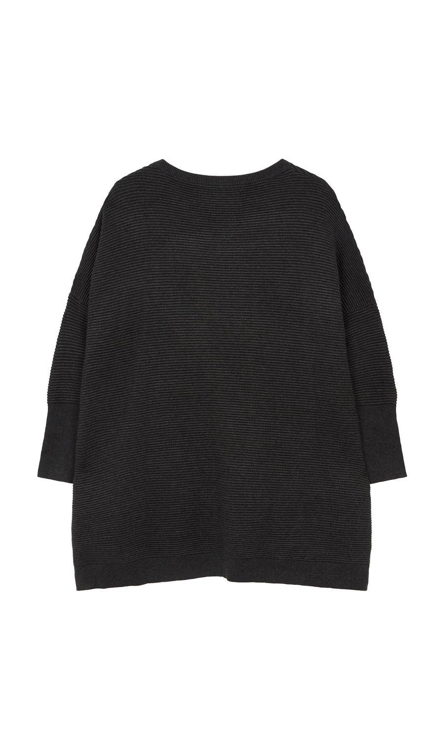 Plümo- Jack Sweater - Graphite: loose-fitting, oversized black knit with dropped shoulders, shown flat from the back.