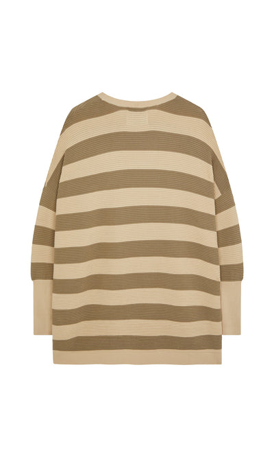 Plümo- Jack Sweater - Silt: beige and olive green stripes, wide neckline, loose fit, super soft by Plümo Studio.