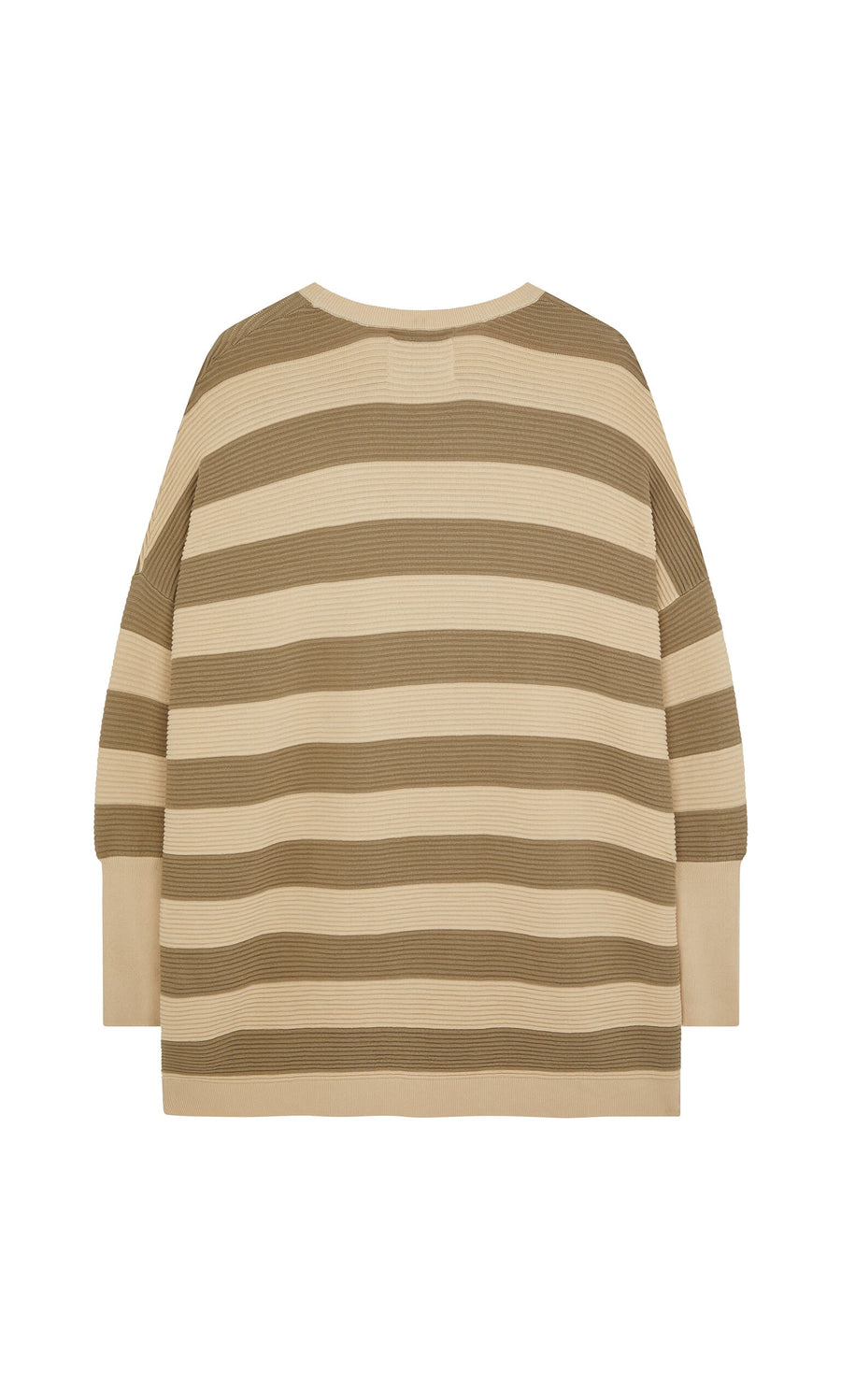 Plümo- Jack Sweater - Silt: beige and olive green stripes, wide neckline, loose fit, super soft by Plümo Studio.