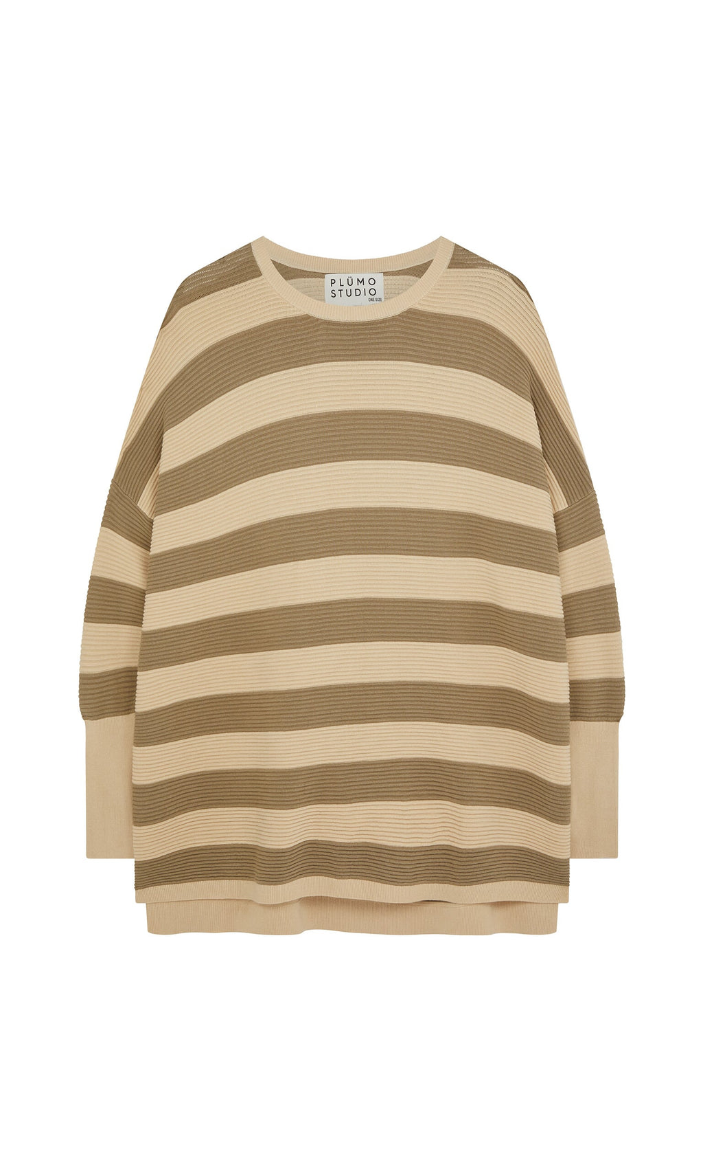 Plümo- Jack Sweater - Silt: Beige and olive green striped crew neck sweater, shown flat on a white background.