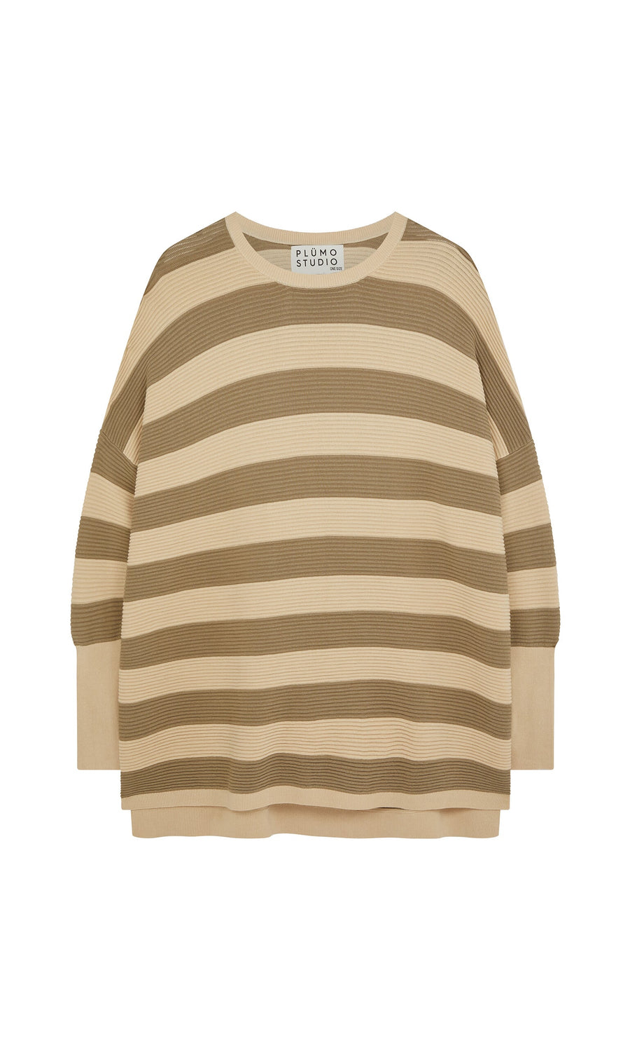 Plümo- Jack Sweater - Silt: Beige and olive green striped crew neck sweater, shown flat on a white background.