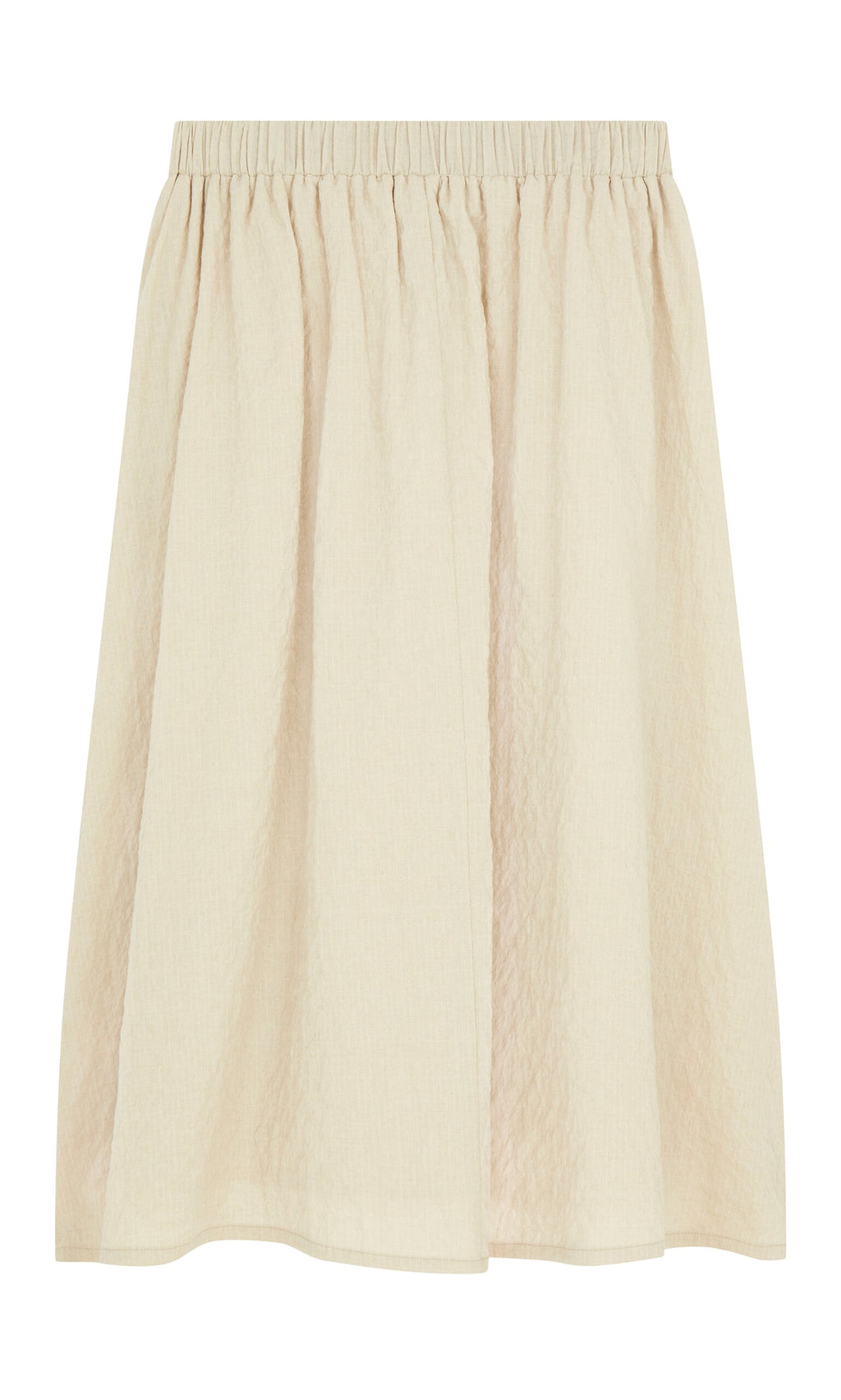 Plümo- The Jane Skirt is a beige, knee-length seersucker skirt with an elastic waistband and a crinkled texture.