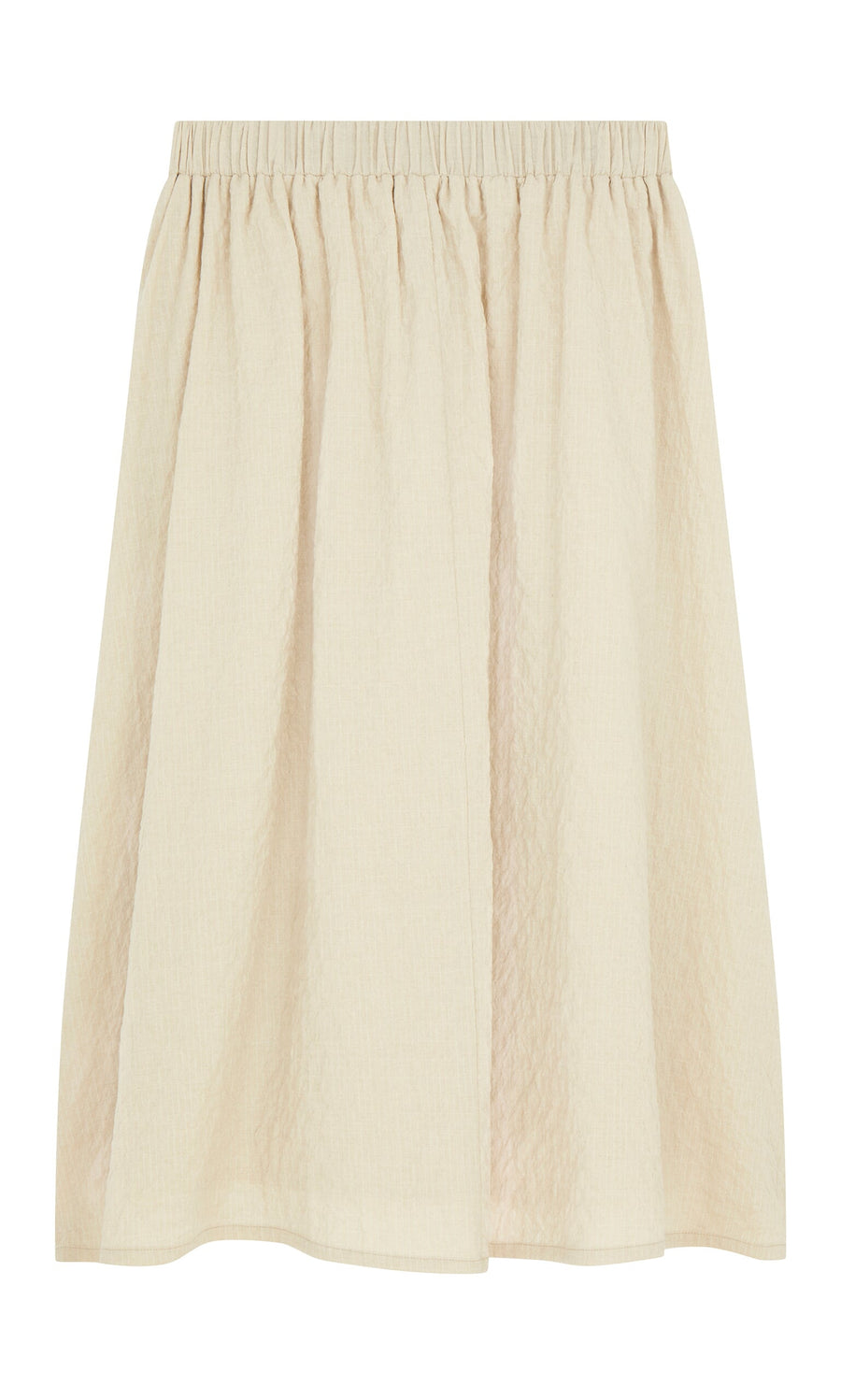 Plümo- The Jane Skirt is a beige, knee-length seersucker skirt with an elastic waistband and a crinkled texture.