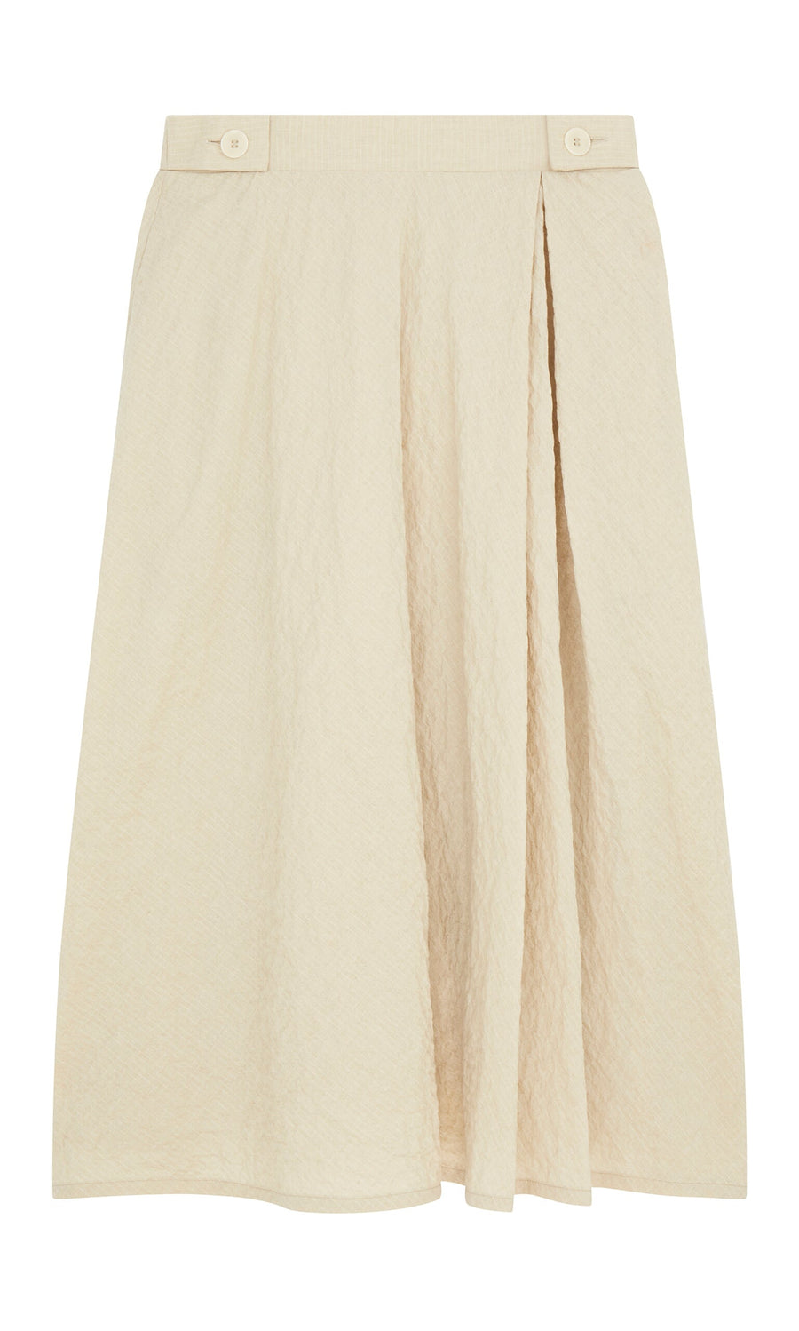 Plümo- Jane Skirt: beige seersucker with asymmetric pleats and buttoned waistband, shown on white background.