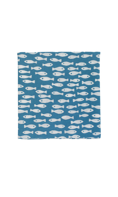 Plümo  Japanese Handkerchief - Fish: blue rectangular cotton bandana with playful rows of white fish shapes.