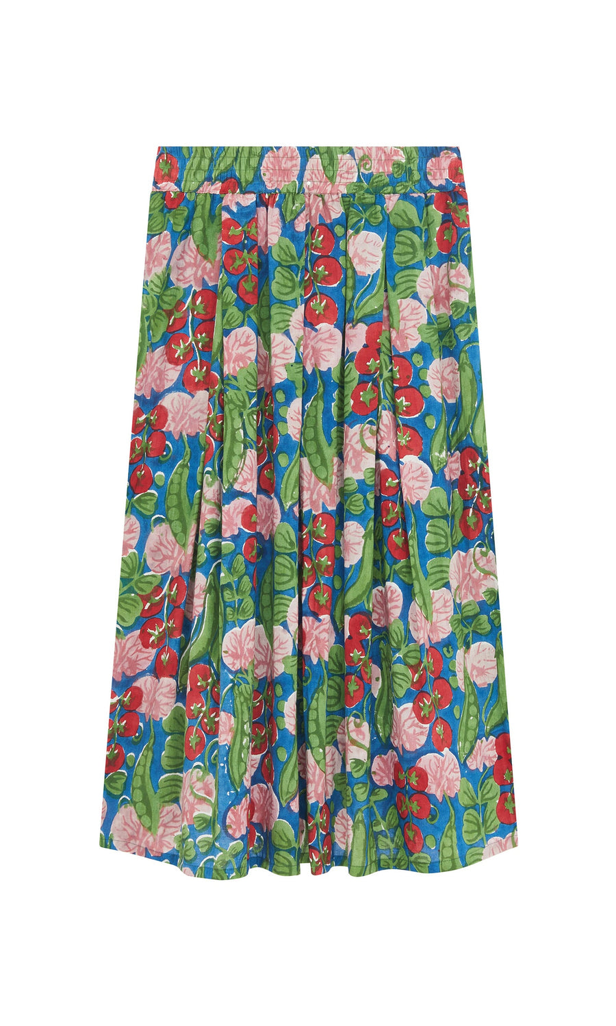 Plümo- The Jardin Skirt is a knee-length cotton voile skirt with bright florals, pleats, and a shirred elastic waist.