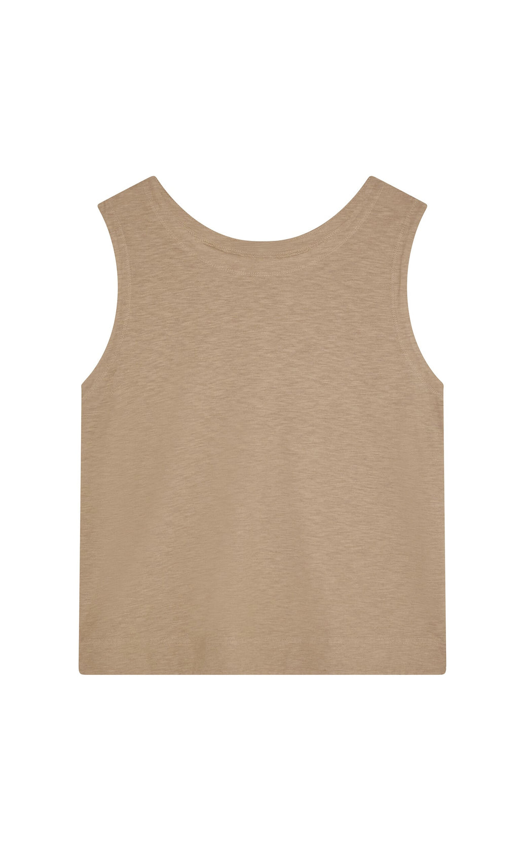 Plümo- Jersey Top in beige, laid flat and viewed from the back, made sustainably in San Francisco.