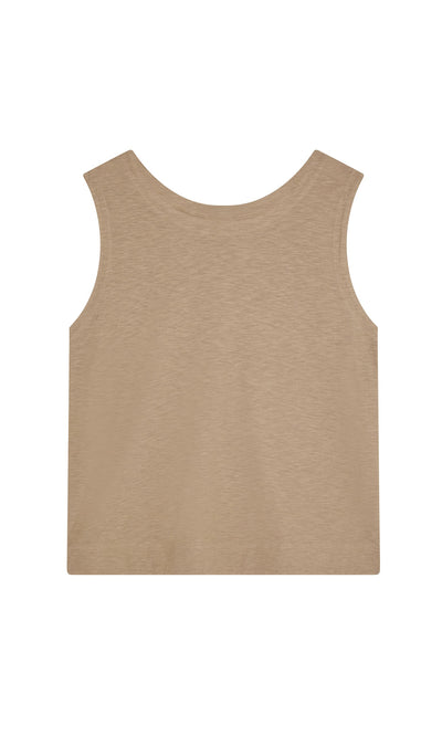 Plümo- Jersey Top in beige, laid flat and viewed from the back, made sustainably in San Francisco.
