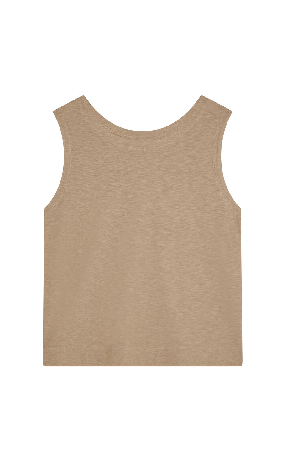 Plümo- Jersey Top in beige, laid flat and viewed from the back, made sustainably in San Francisco.