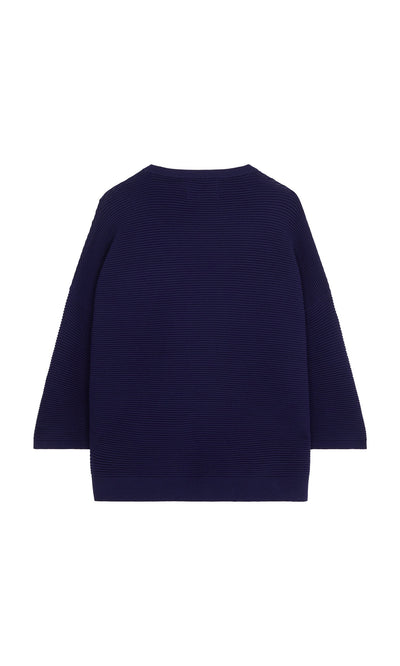 Plümo- Joya Sweater in Deep Navy with a boxy fit, shown from the back against a white background.