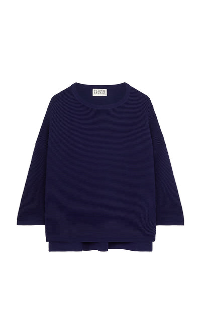 Plümo- Joya Sweater - Deep Navy: rib knit, long sleeves, boxy fit, laid flat on a white background.