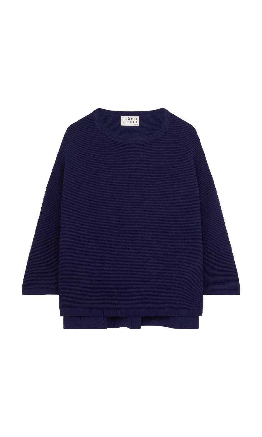 Plümo- Joya Sweater - Deep Navy: rib knit, long sleeves, boxy fit, laid flat on a white background.