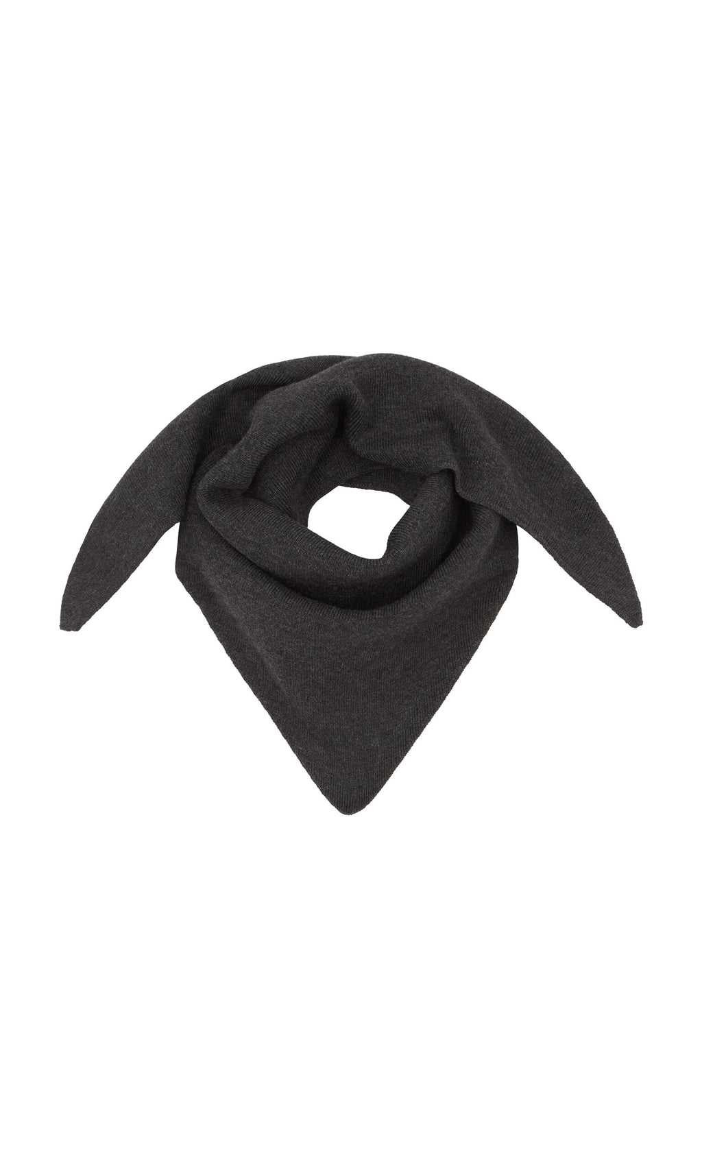 Plümo- The Jona Necktie - Graphite is a supersoft dark gray knit scarf with two long ends and a pointed center tip.