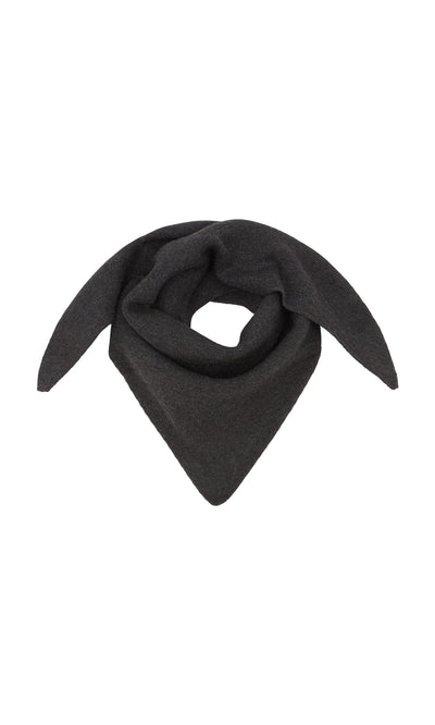 Plümo- The Jona Necktie - Graphite is a supersoft dark gray knit scarf with two long ends and a pointed center tip.