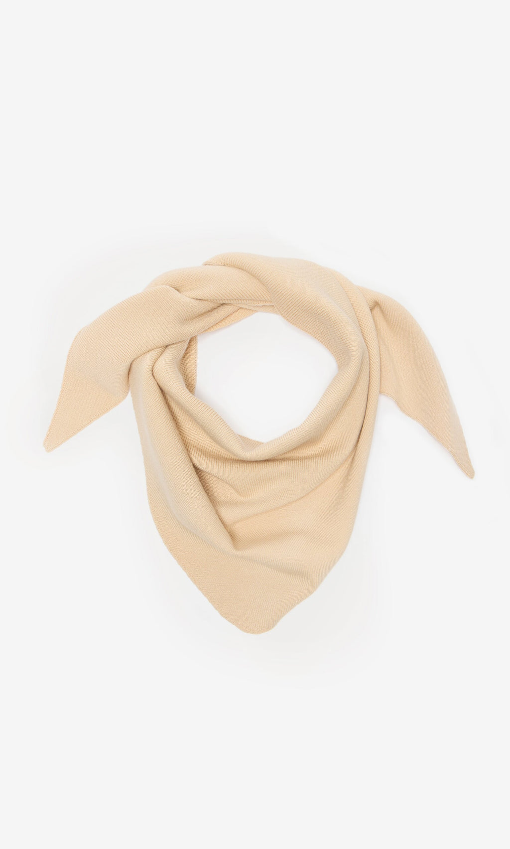 Plümo- Jona Necktie - Silt: a supersoft beige knit scarf of plant viscose, styled as a loose triangular necktie on white.