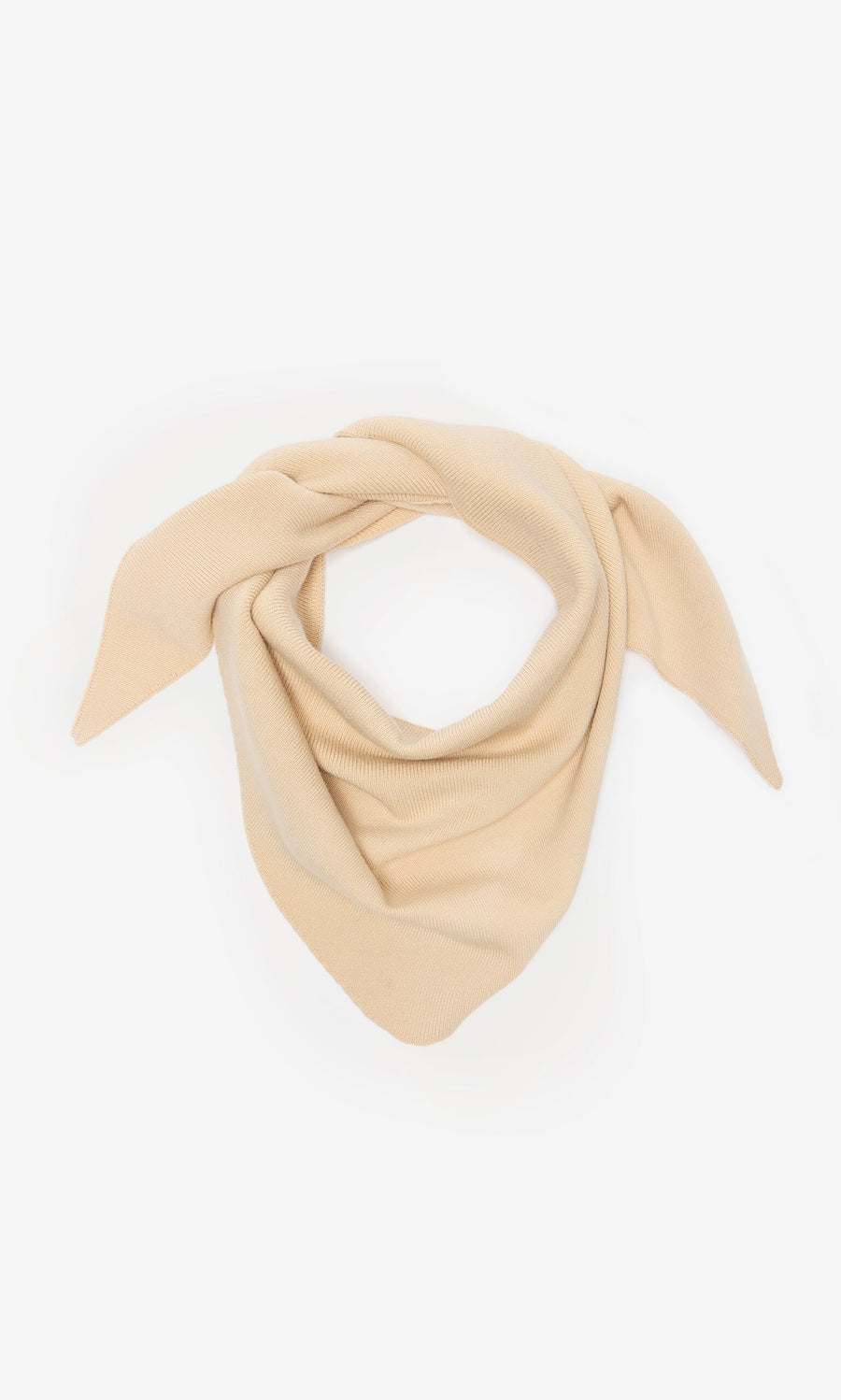 Plümo- Jona Necktie - Silt: a supersoft beige knit scarf of plant viscose, styled as a loose triangular necktie on white.