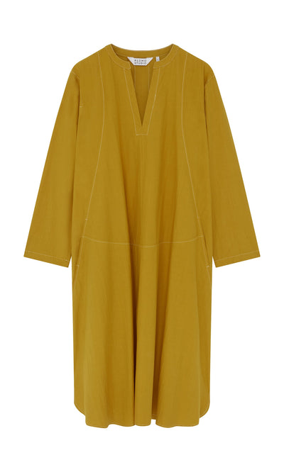 Plümo- Mustard yellow Kaftan Dress in Japanese cotton poplin, long sleeves, knee-length, V-neck, with white stitching.