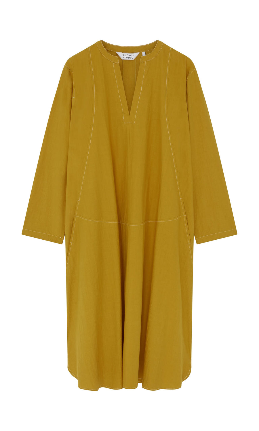 Plümo- Mustard yellow Kaftan Dress in Japanese cotton poplin, long sleeves, knee-length, V-neck, with white stitching.
