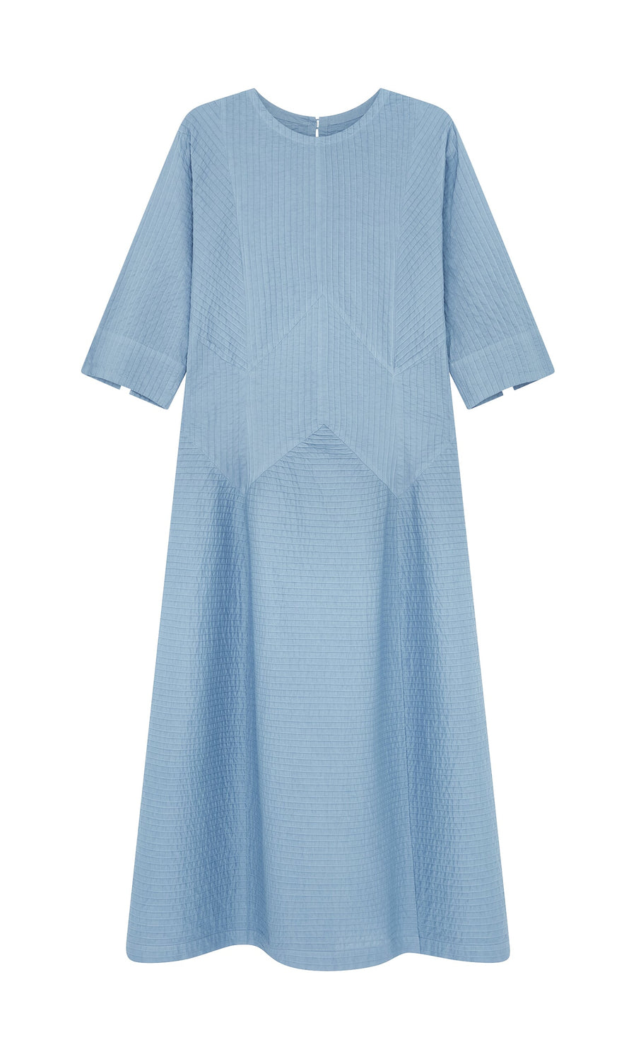 Plümo- Kai Pleated Dress: Sky blue cotton, mid-length, with pintuck panels and subtle geometric stitching.