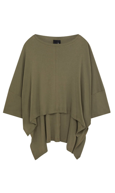 Plümo- Kaia Jersey: Olive green cotton boatneck top with an asymmetrical hem and drapey, oversized fit on a white background.
