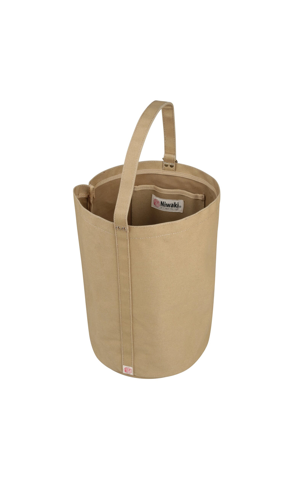 Plümo- Beige canvas tool bag with handle and side pockets, labeled Niwaki, ideal for gardening essentials.