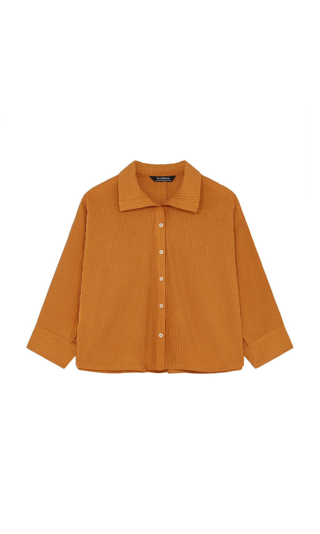 Plümo- The Karashi Shirt is a loose, long-sleeve Japanese top in mustard yellow with pintucks and a wide collar.